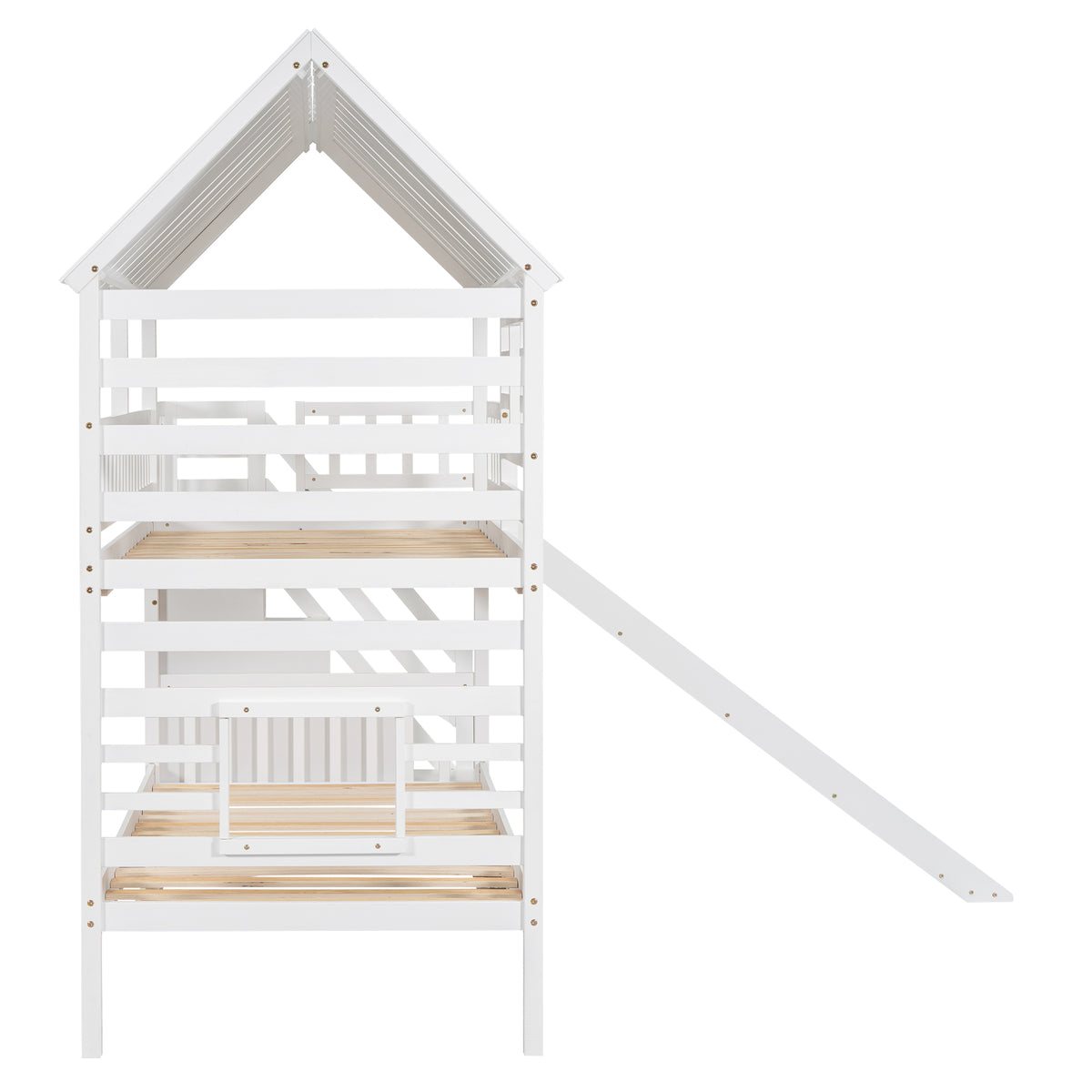 Twin Over Twin Bunk Bed with Roof Staircase White