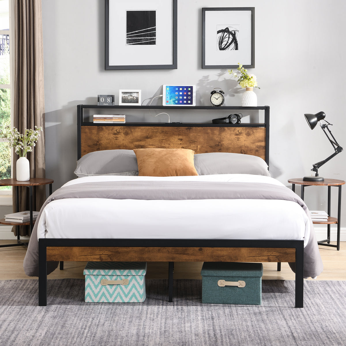 Metal Platform Bed with USB Liner Beige