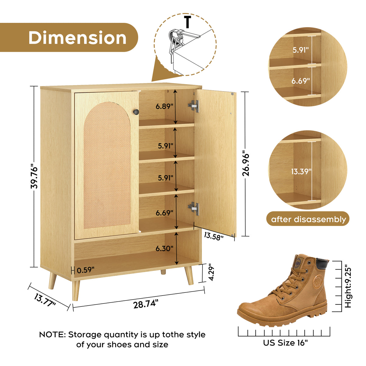 Natural Shoe Cabinet with Adjustable Shelves