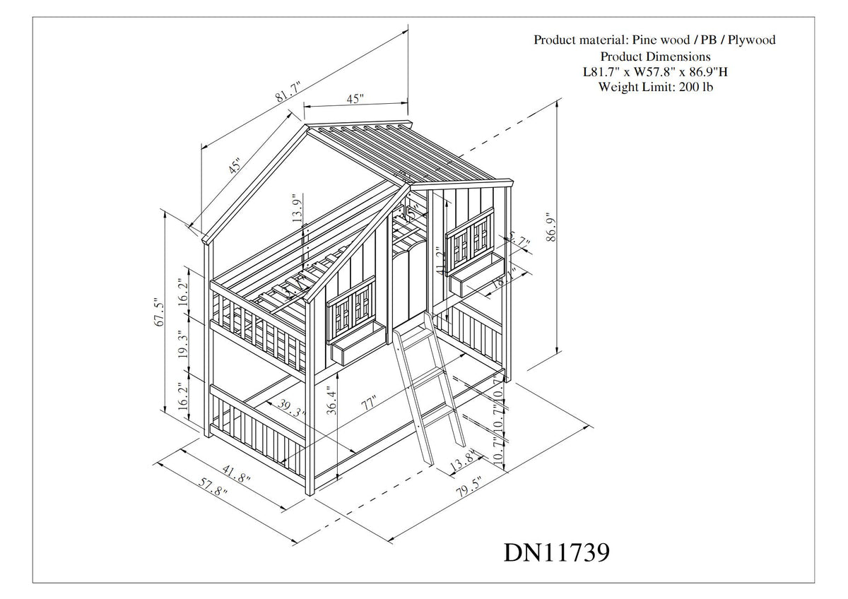 Twin House Bunk Bed with Ladder Grey