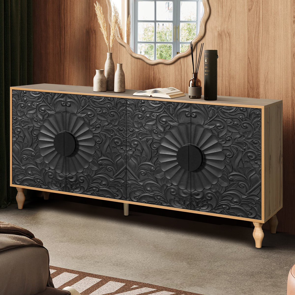 Carved Black TV Console with Wood Frame