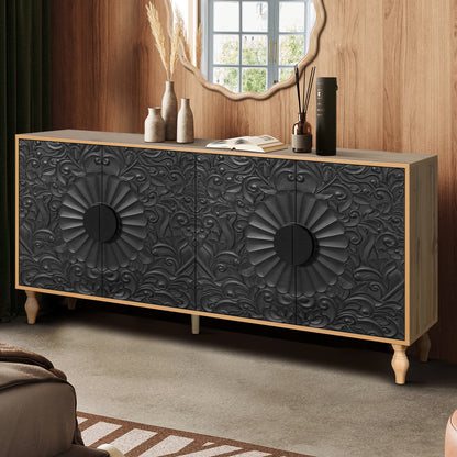 Carved Black TV Console with Wood Frame
