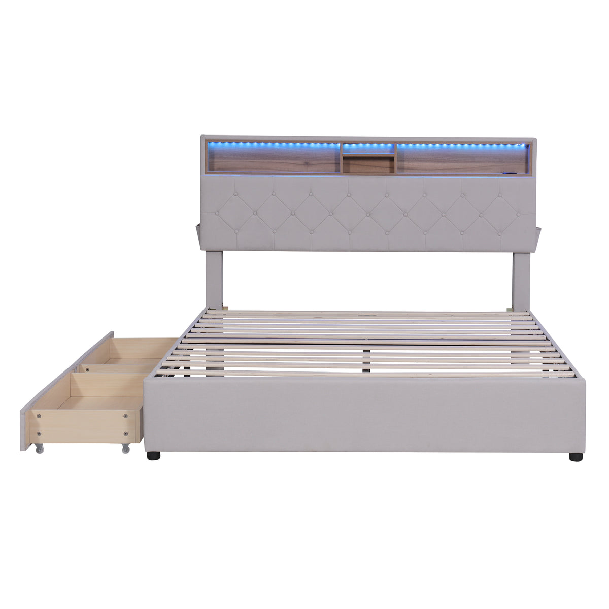 Queen LED Upholstered Storage Bed – Beige