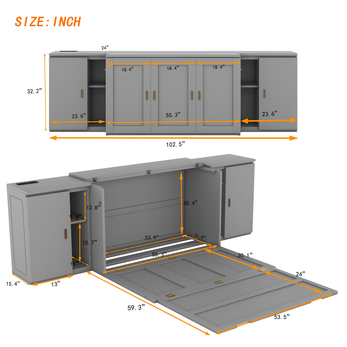 Full Murphy Bed with Shelves Gray