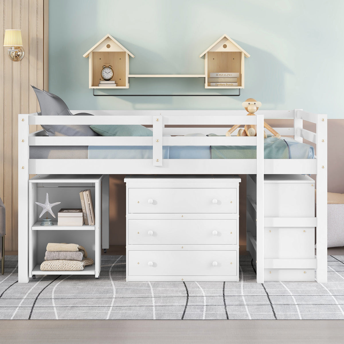 Full Loft Bed with Rolling Desk White