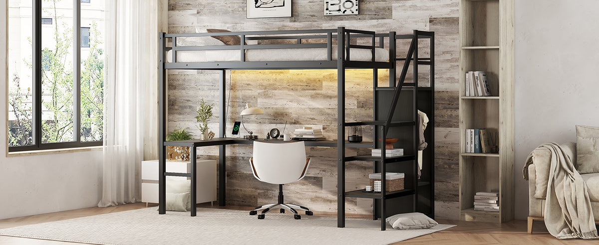 Loft Bed with USB and Adjustable Shelf Black