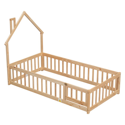 Metal House Floor Bed with Fence – Natural