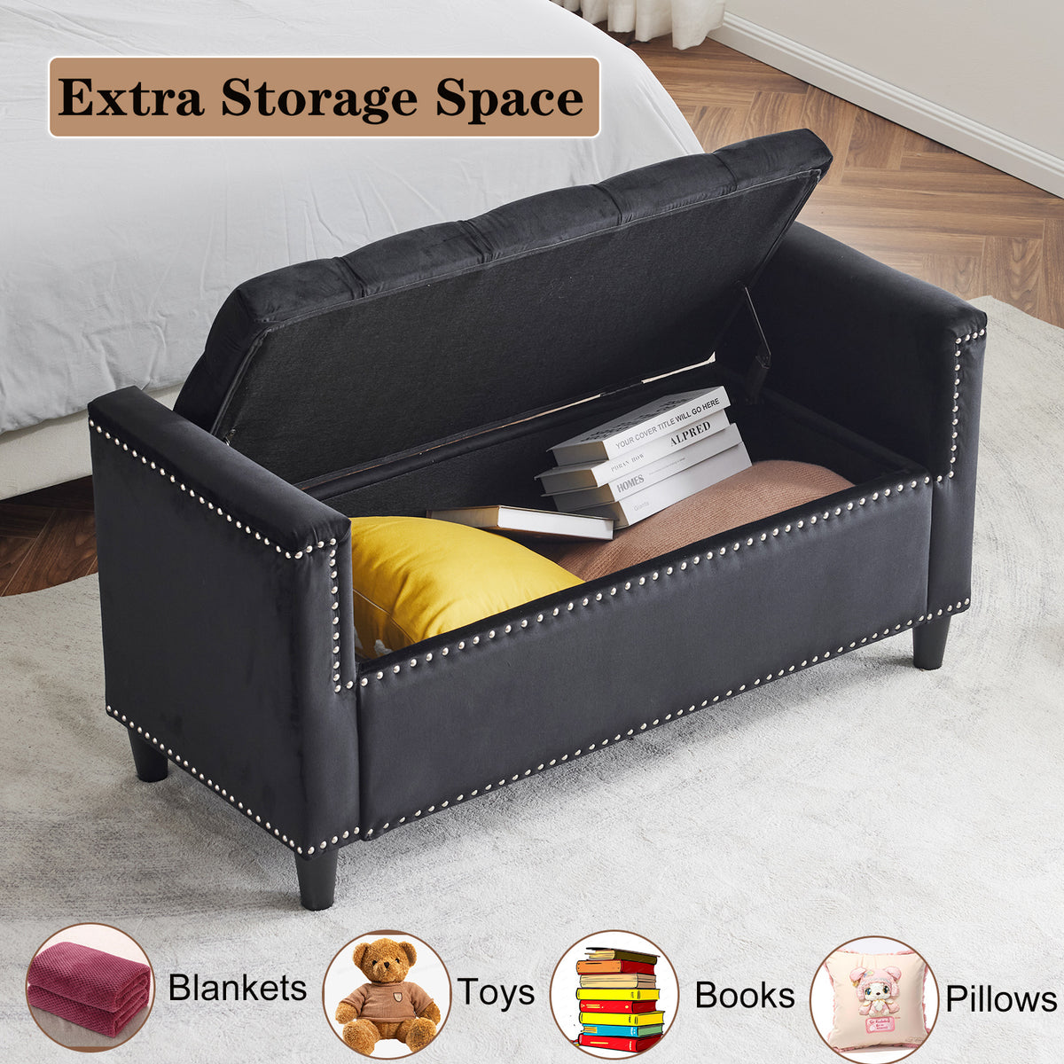 44-Inch Velvet Storage Bench with Armrests Black