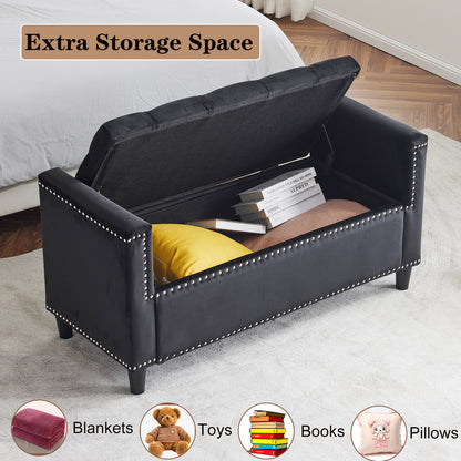 44-Inch Velvet Storage Bench with Armrests Black