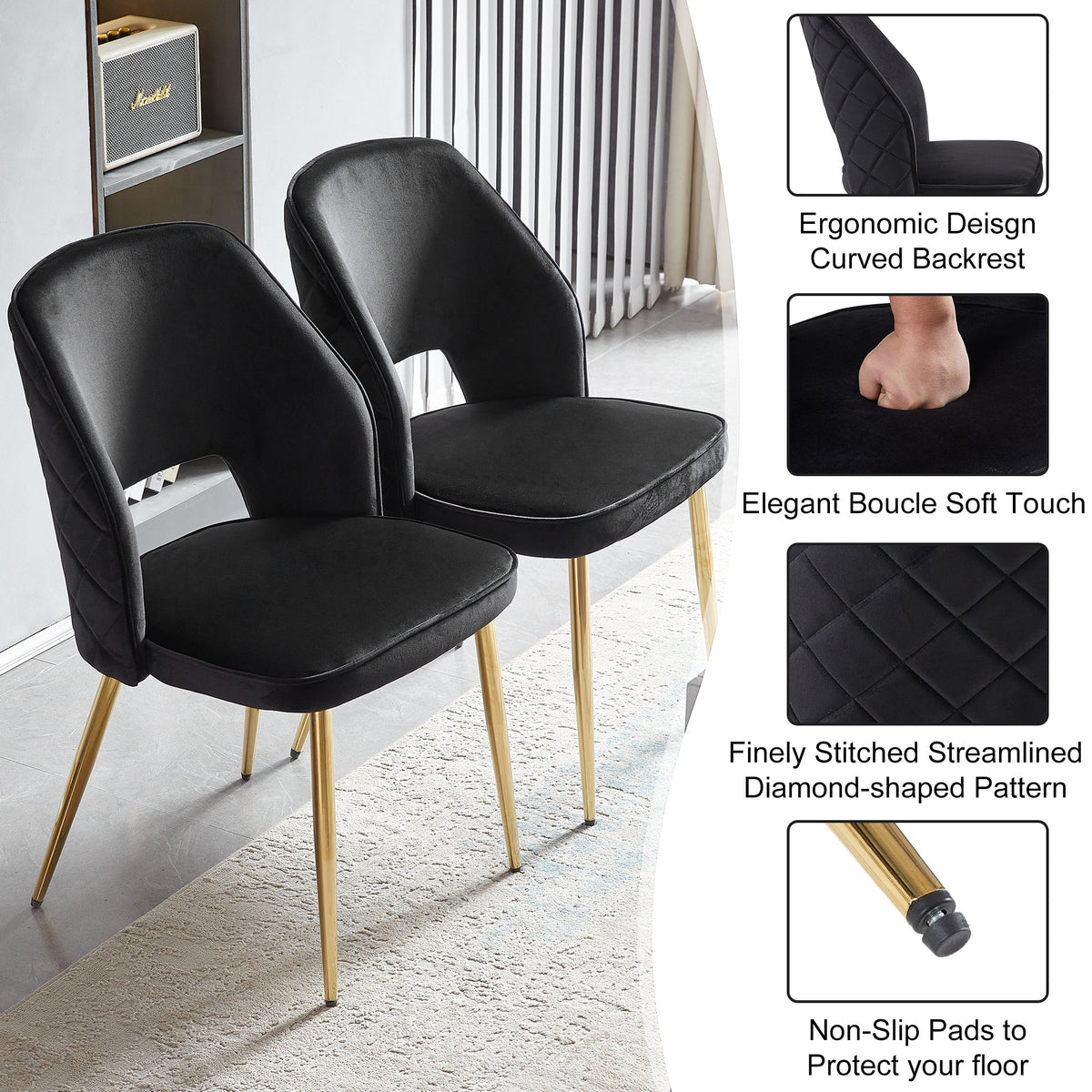 Black Velvet Dining Chairs Set of 4 Modern