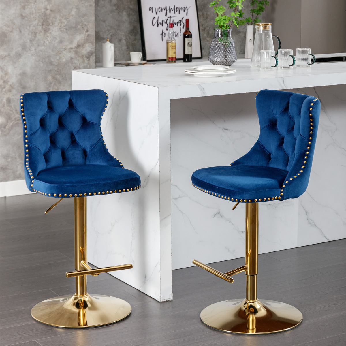 Modern Bar Stools Set of 2 Blue White