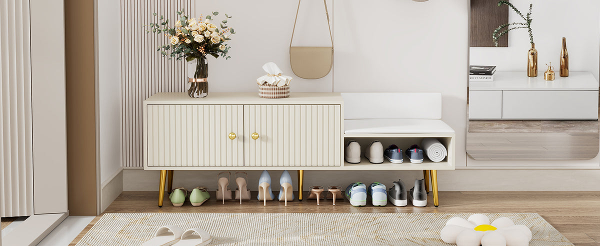 Modern Hidden Storage Bench White Upholstered Seat