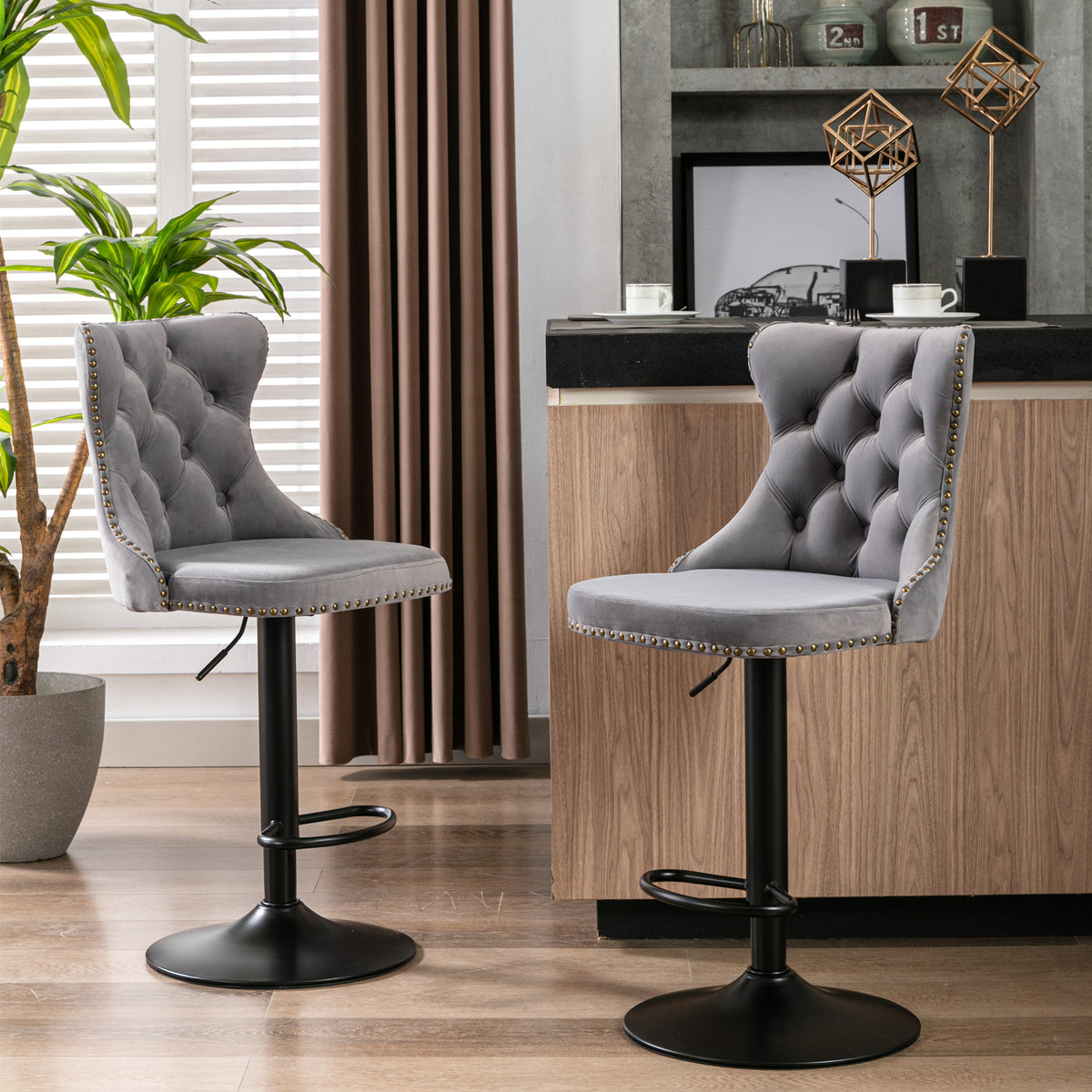 Swivel Velvet Bar Stool Set (2 pcs) – Gray