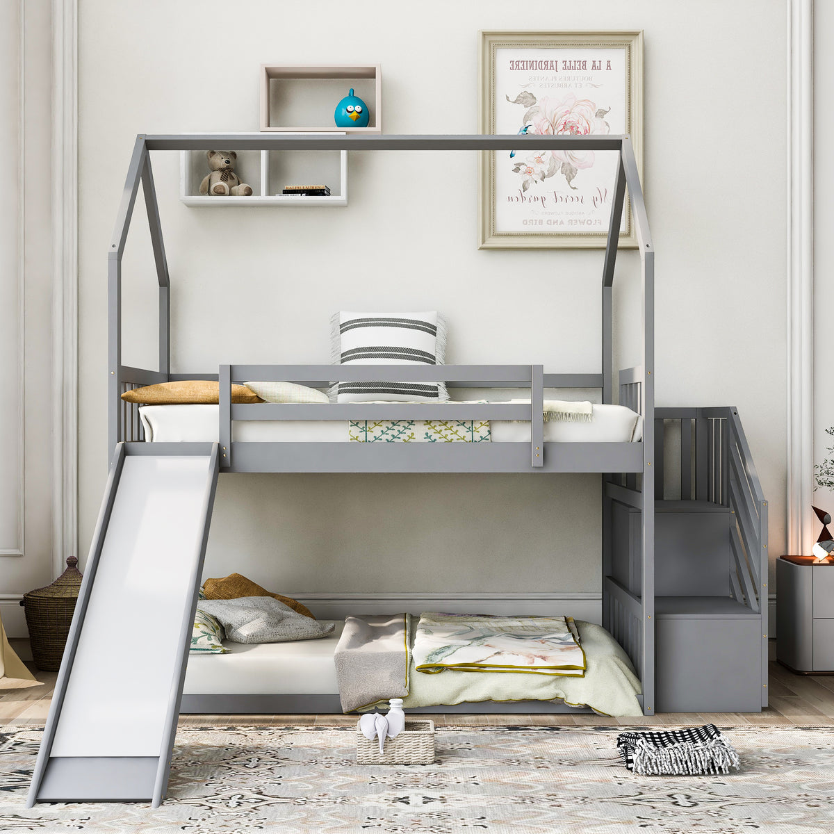 Twin Over Twin Bunk Bed with Storage Gray