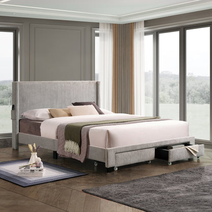 Velvet Queen Bed with Drawers Gray