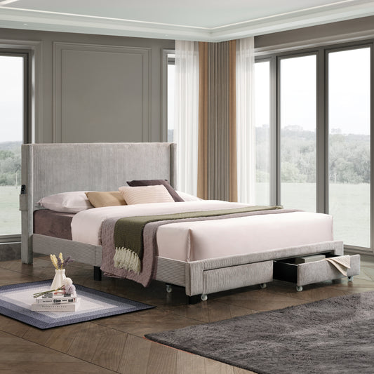 Velvet Queen Bed with Drawers Gray