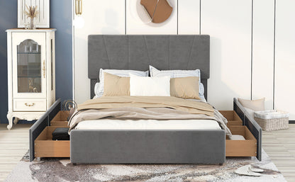 Queen Upholstered Platform Bed with Drawers Gray