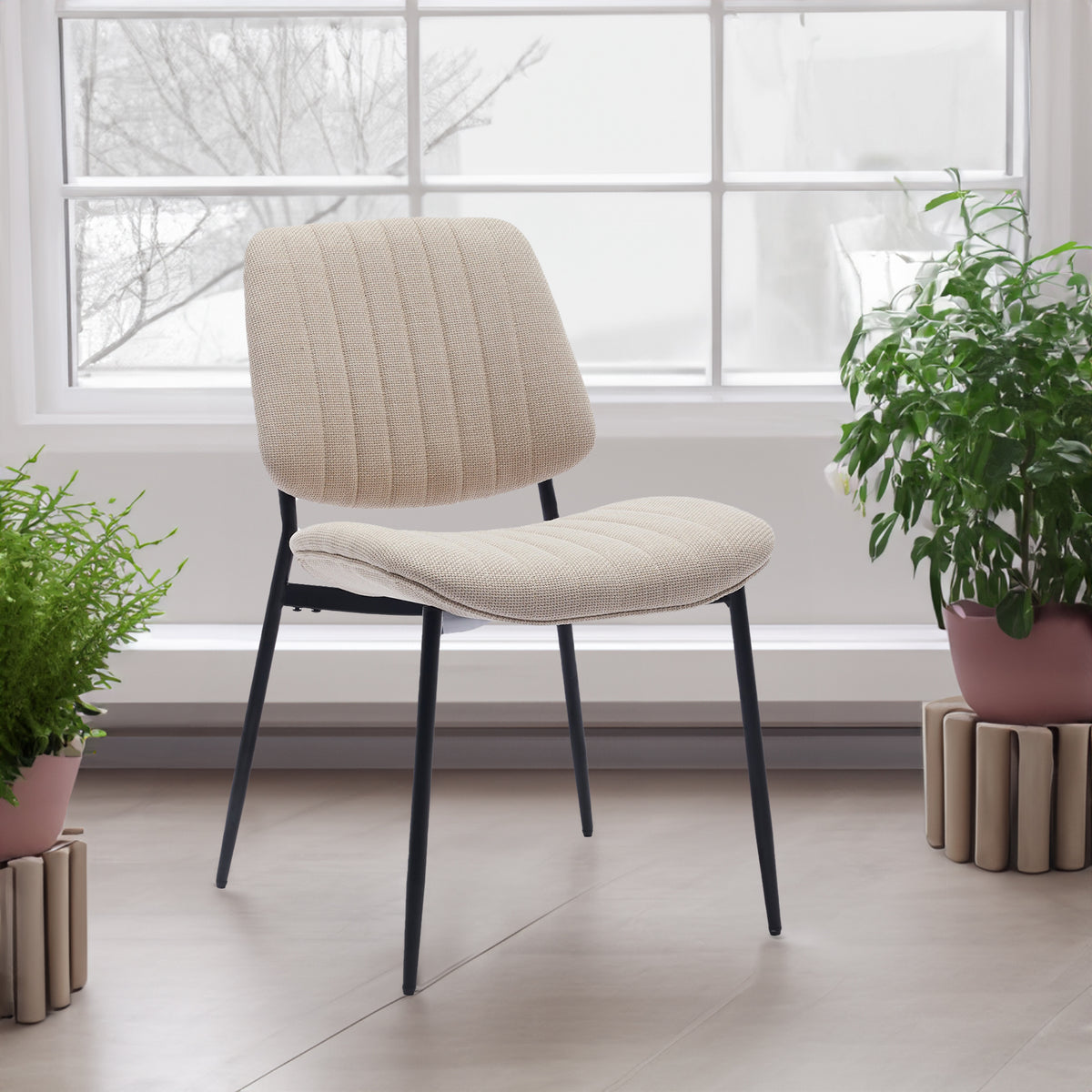 Beige 2-Piece Linen Dining Chair Set – Modern Retro Bentwood Back with Metal Legs