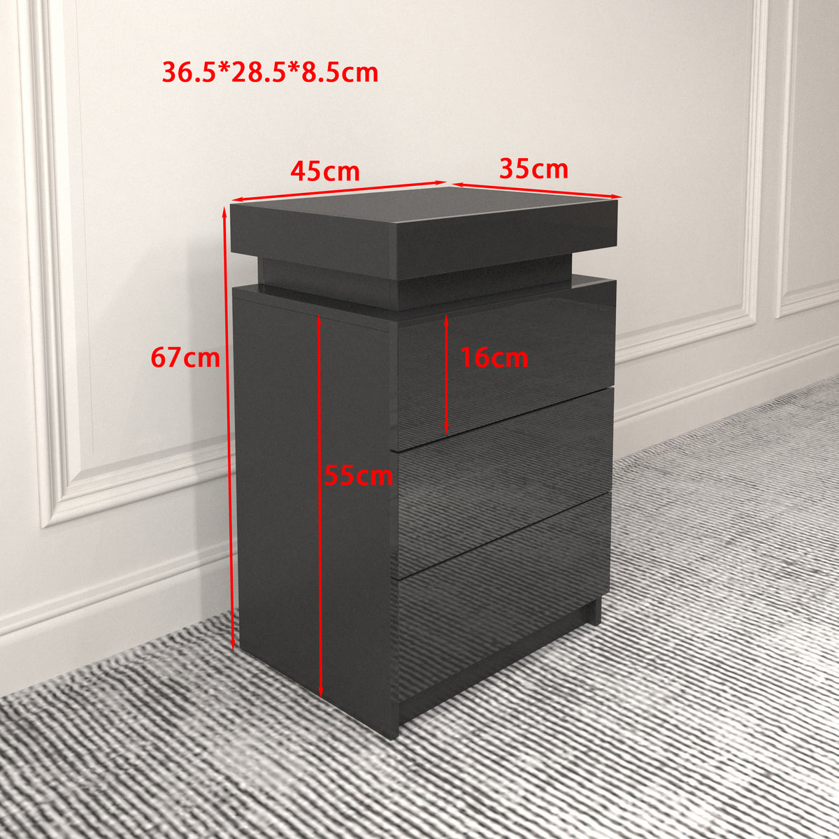 Noir 3-Drawer LED Bedside Table