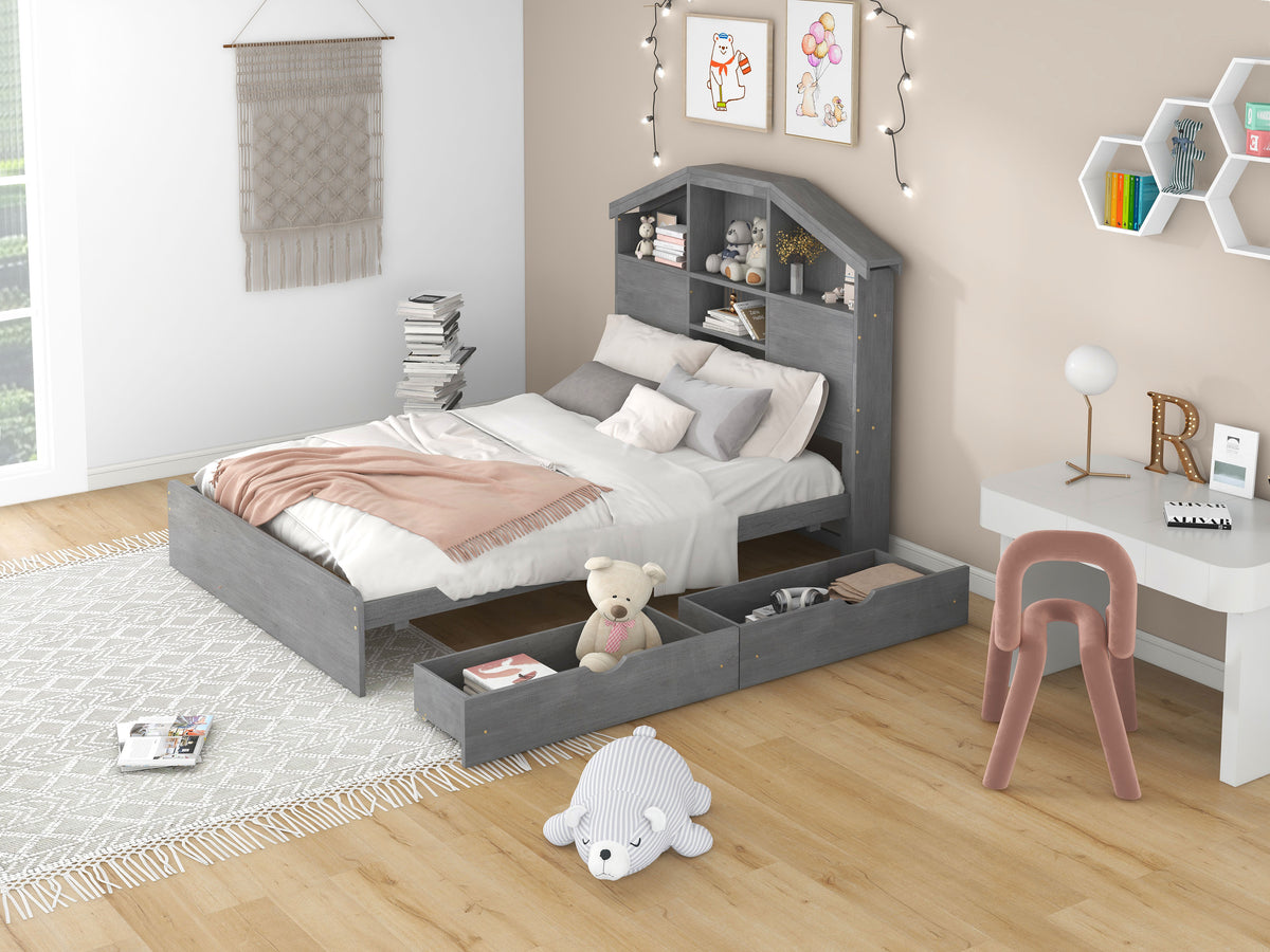 Full Platform Bed with Storage Headboard Gray