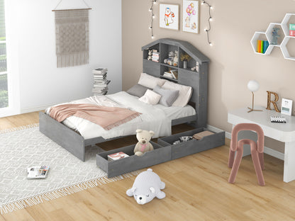 Full Platform Bed with Storage Headboard Gray