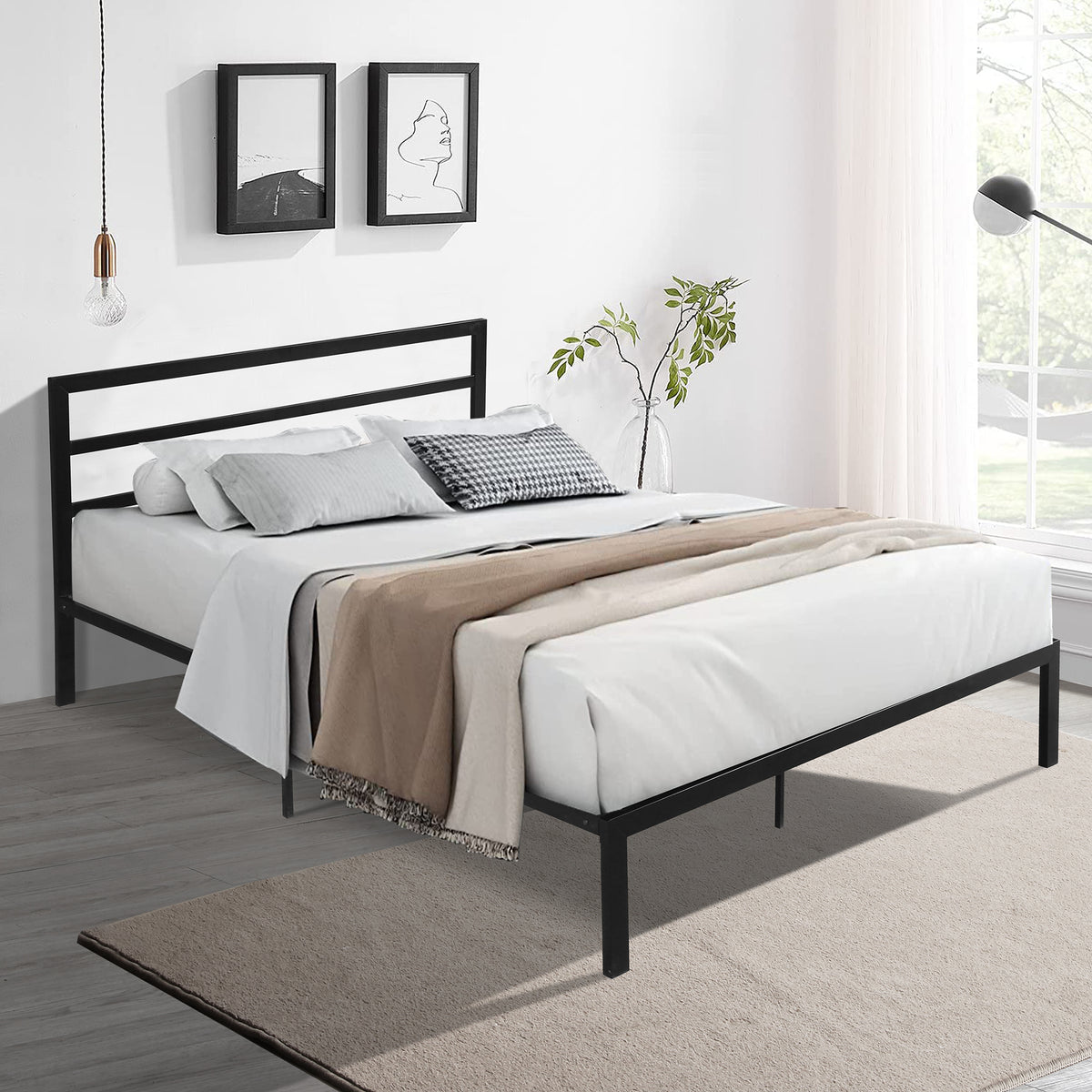 Black Metal Bed Frame with Headboard