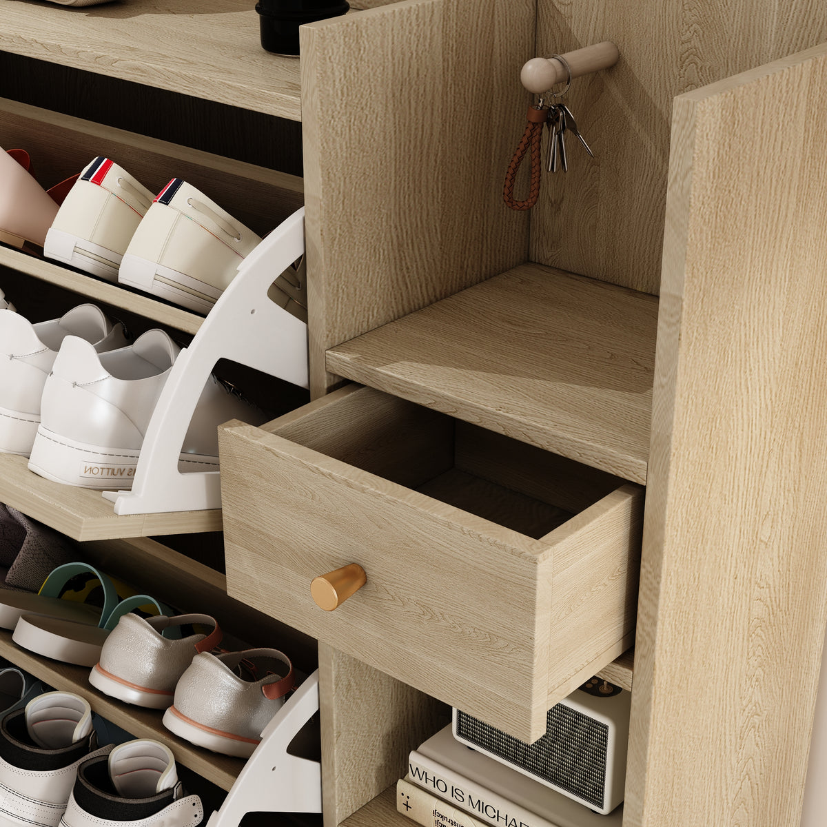 Bohemian Shoe Cabinet with Rattan Flip Drawers Natural
