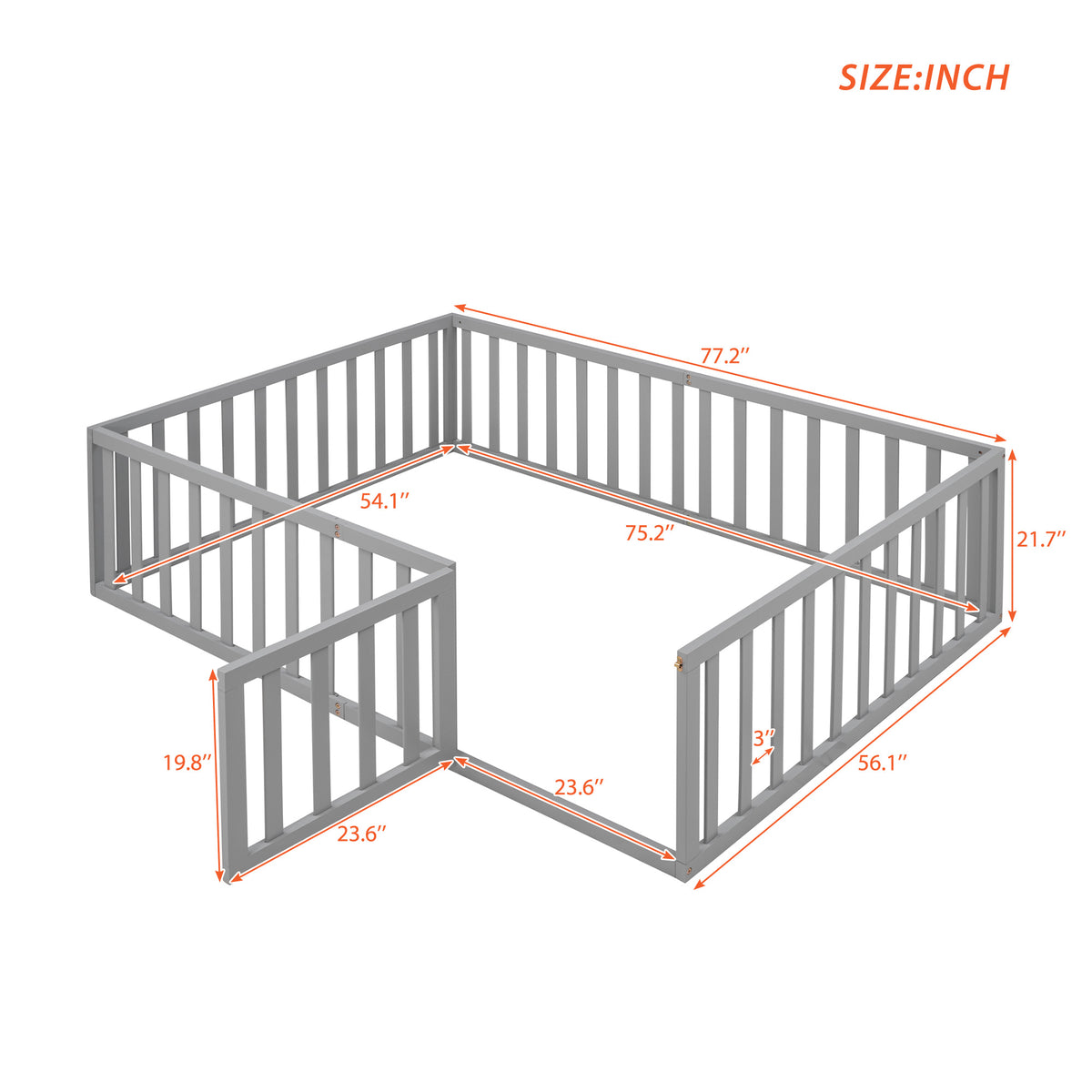 Full Wood Platform Bed with Fence Gray