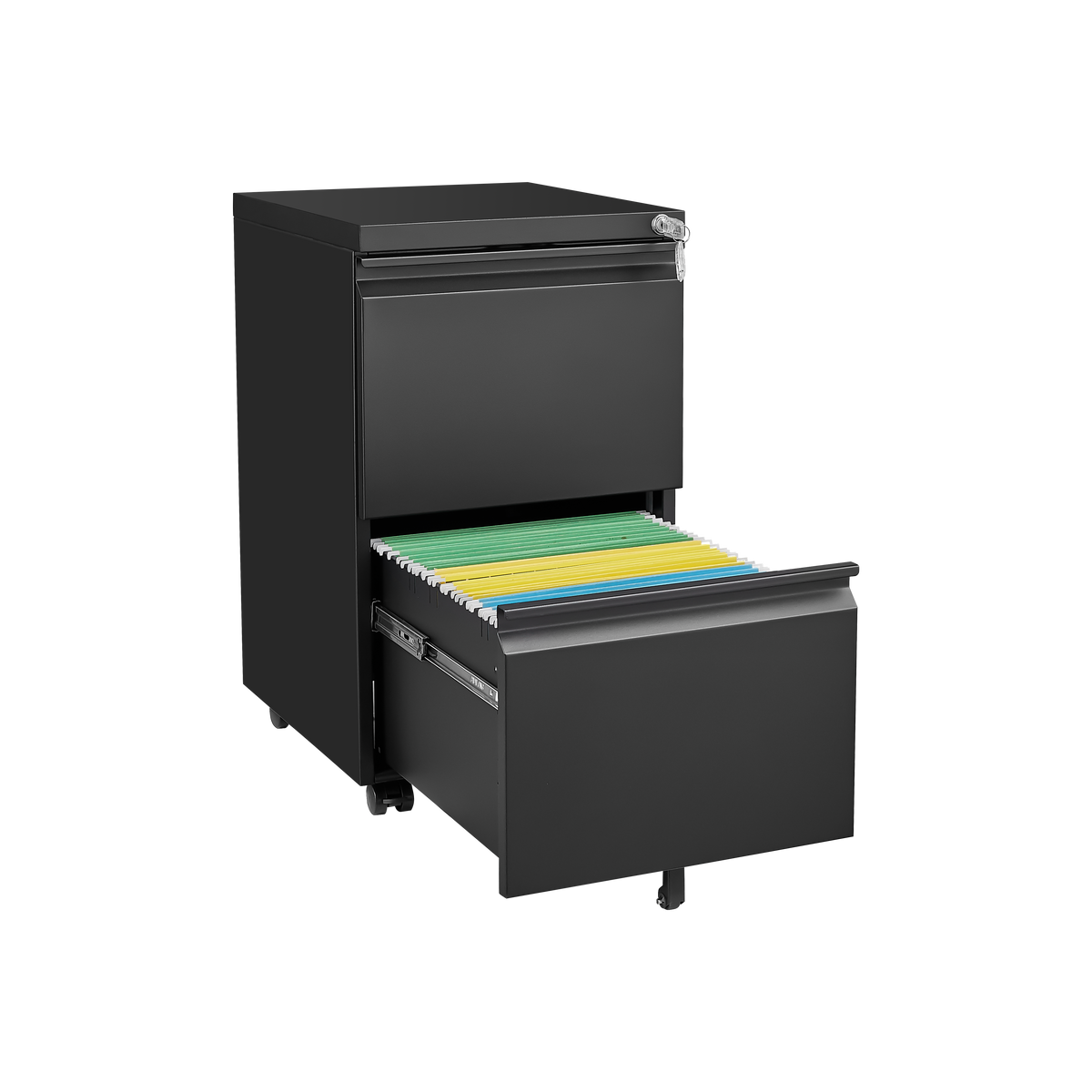 Black 2-Drawer Mobile File Cabinet – 25.6" High with Lock for Legal/Letter Size Files