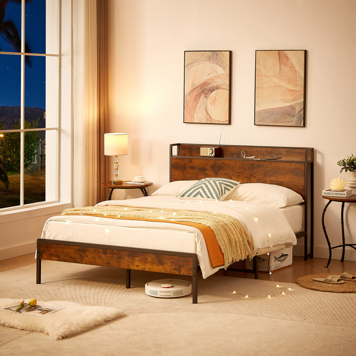 Upholstered Bed Frame with USB Charging Station