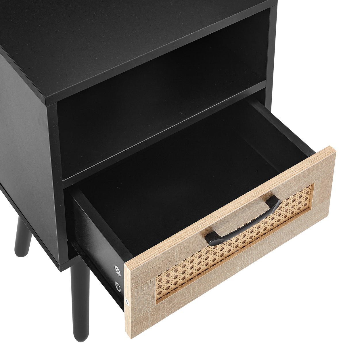 Rattan End Table with Drawer Black Legs