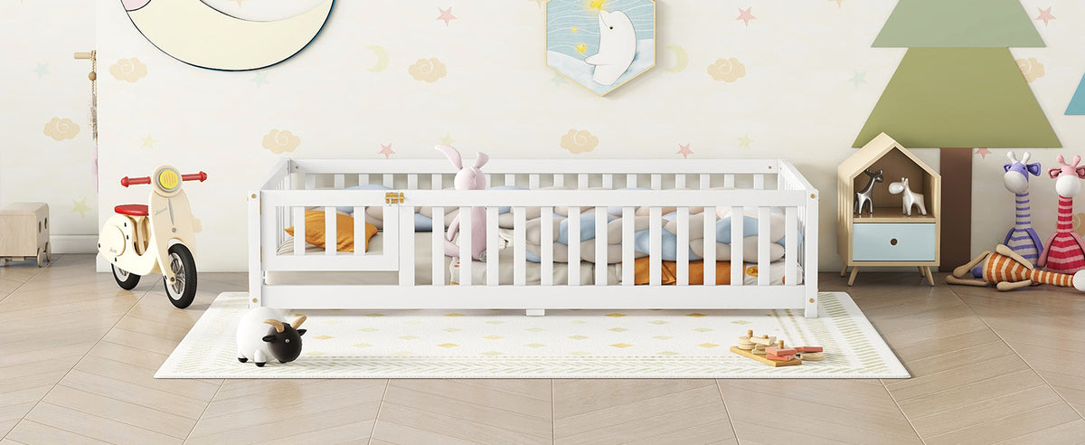 Twin Floor Bed with Guardrails White