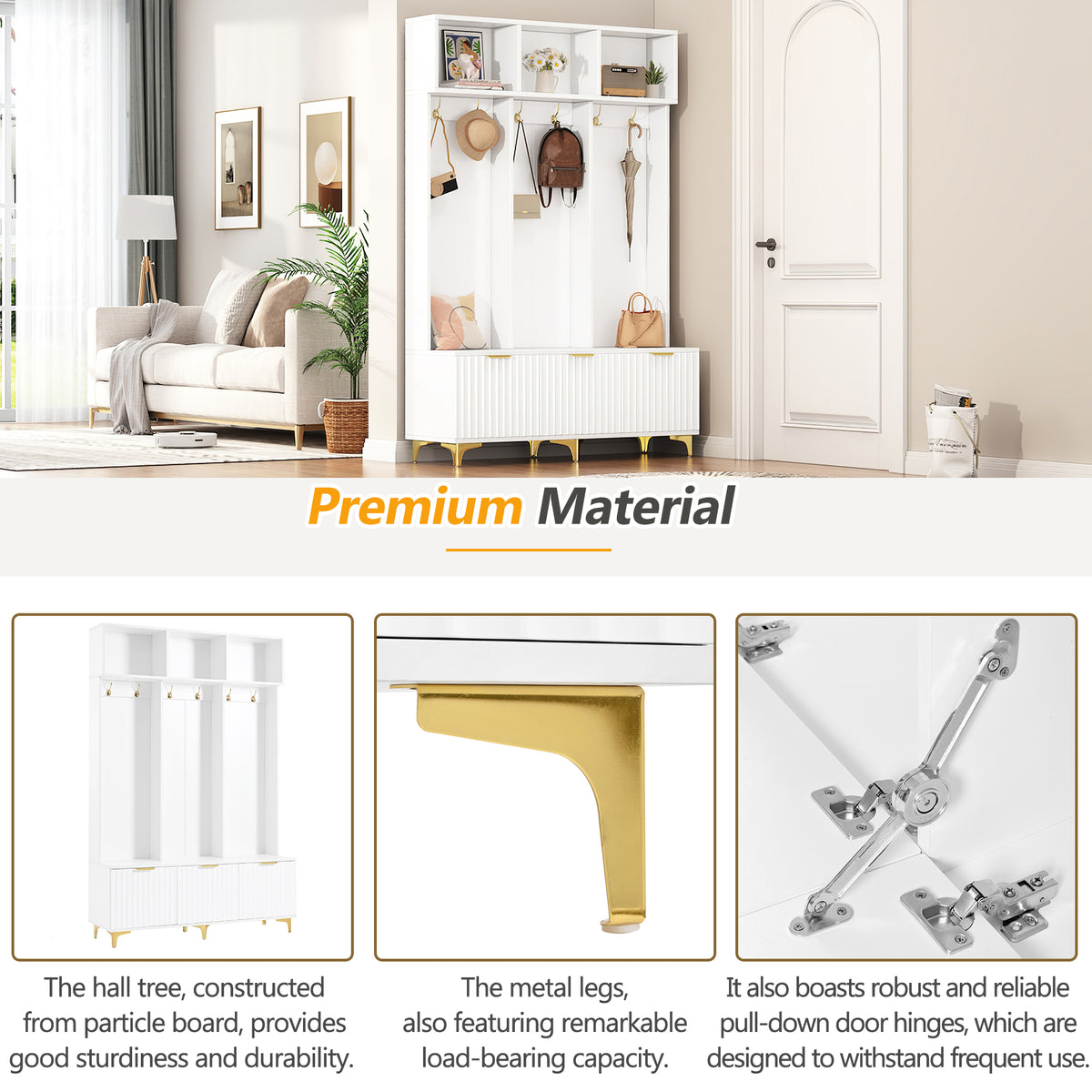 Luxury Storage Hall Bench with Gold Hooks Gray