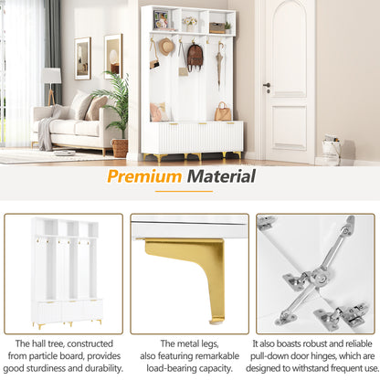 Luxury Storage Hall Bench with Gold Hooks Gray