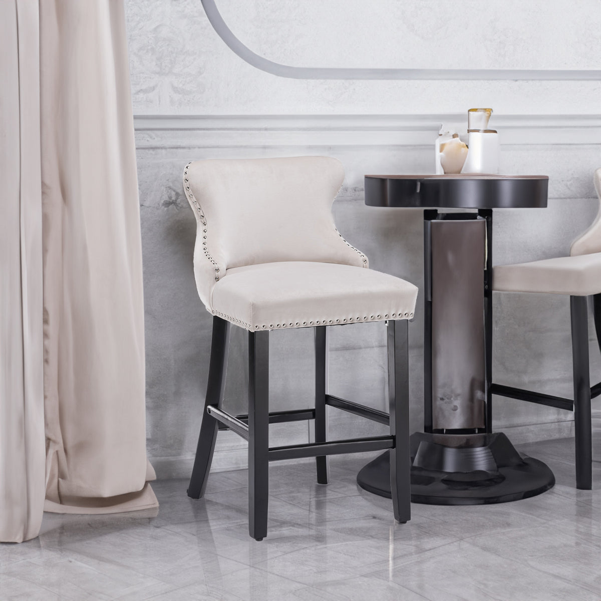 Velvet Wingback Bar Stool Set (2 pcs) – Beige