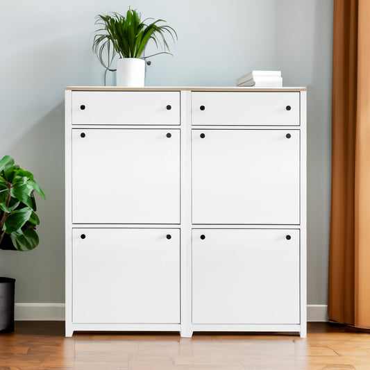 Ultra-Slim White Shoe Cabinet with Flip Drawers