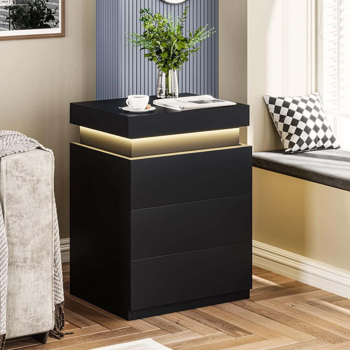 Noir 3-Drawer LED Bedside Table