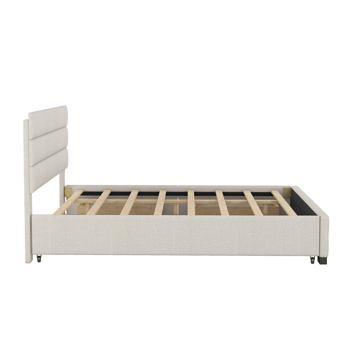 Queen Upholstered Bed with Twin Size Trundle Beige