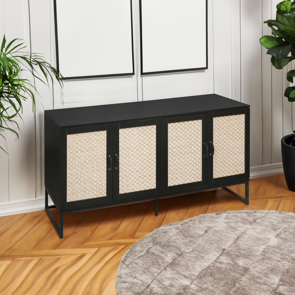 Rattan 4-Door Sideboard Black