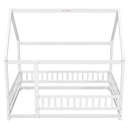 Full Wooden Bed with House Roof Frame White