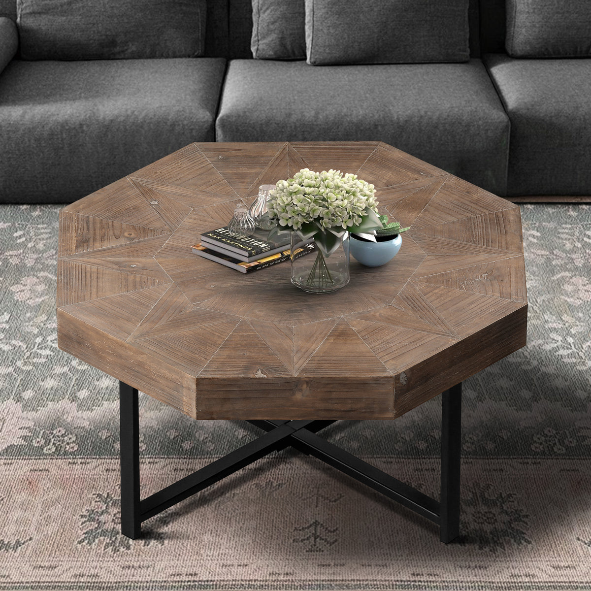Octagonal Coffee Table with Cross Metal Base Brown
