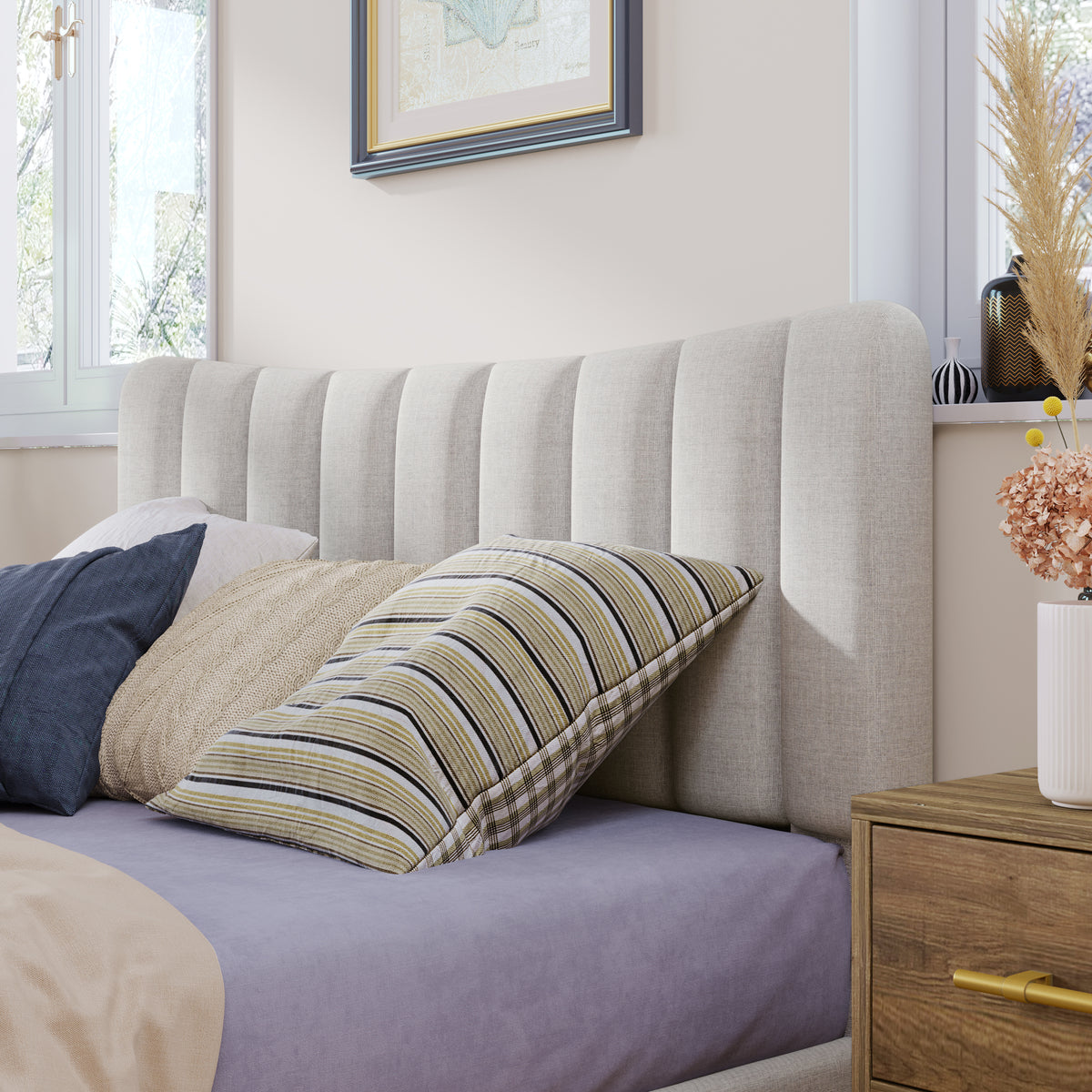 Upholstered Platform Bed with Channel Headboard Cream