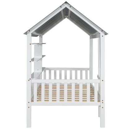 House Bed with Roof and Guardrails White