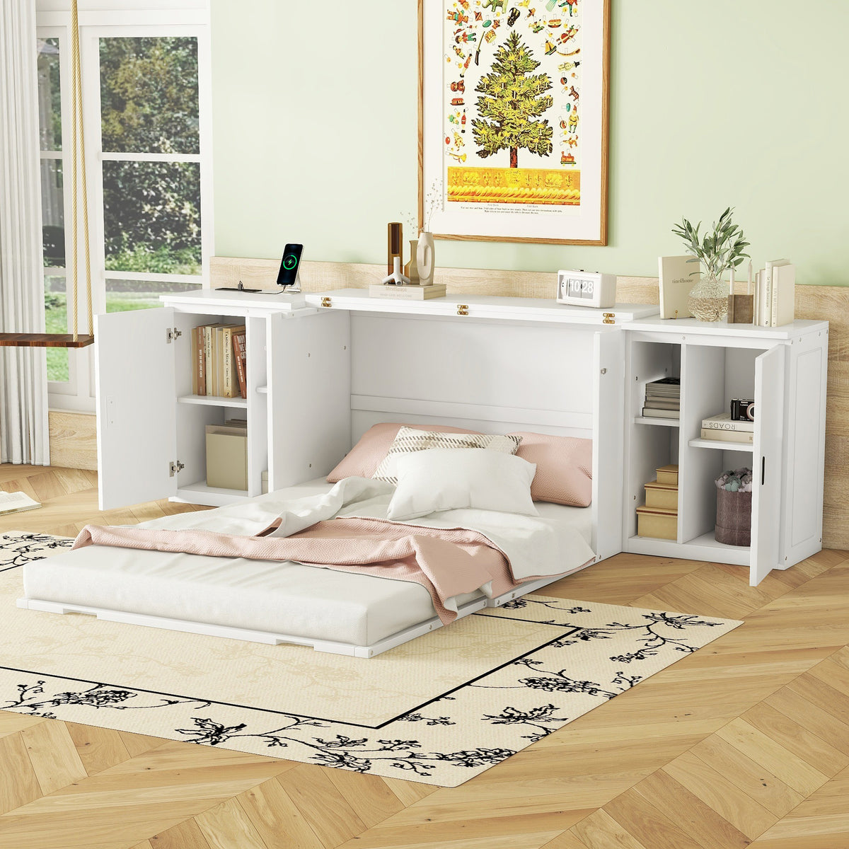 Full Size Murphy Bed with Storage and USB Ports