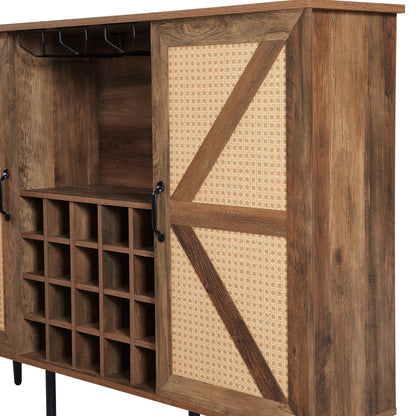 Oak Faux Rattan Wine Cabinet with Removable Shelves