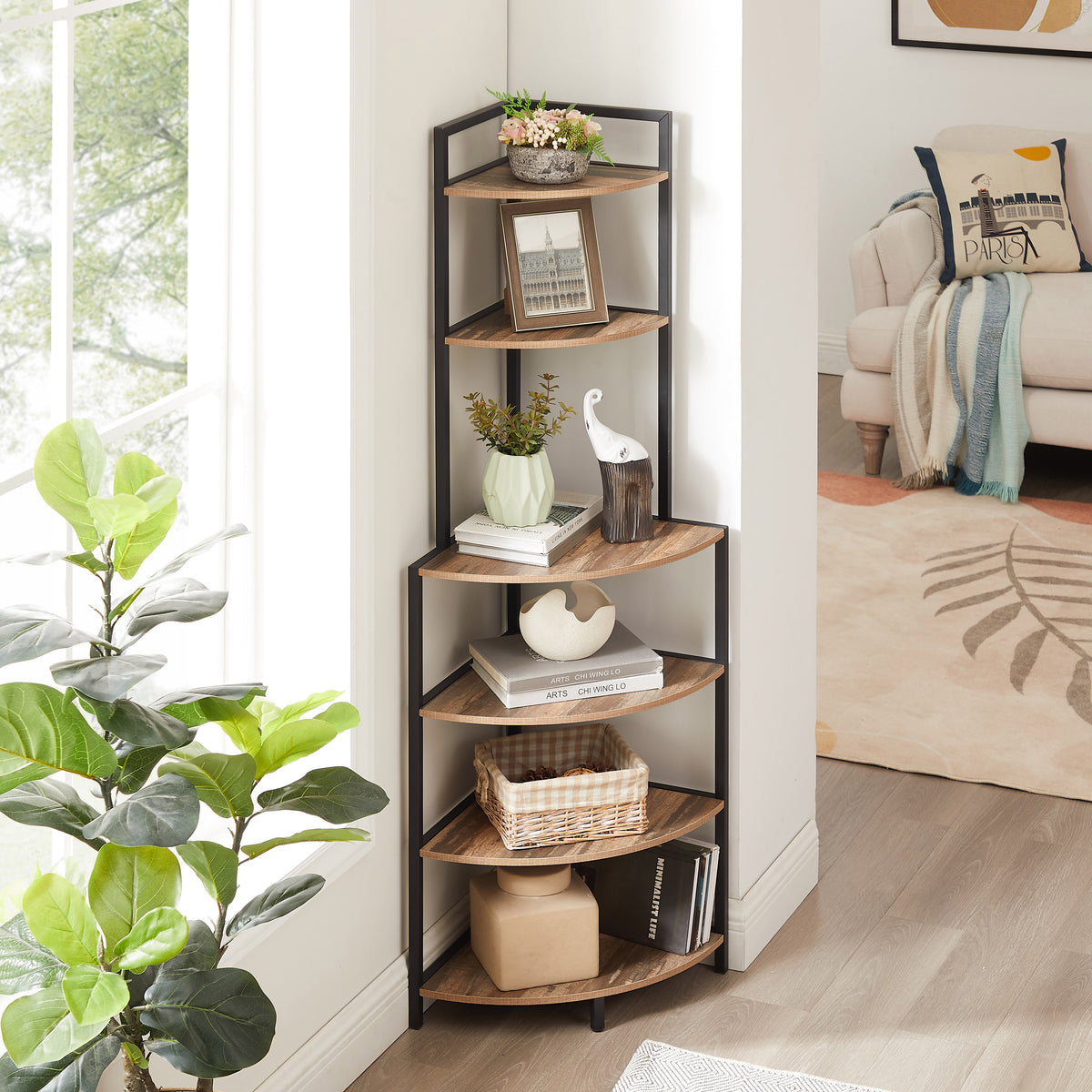 Tall Wooden Bookshelf Corner Storage Brown