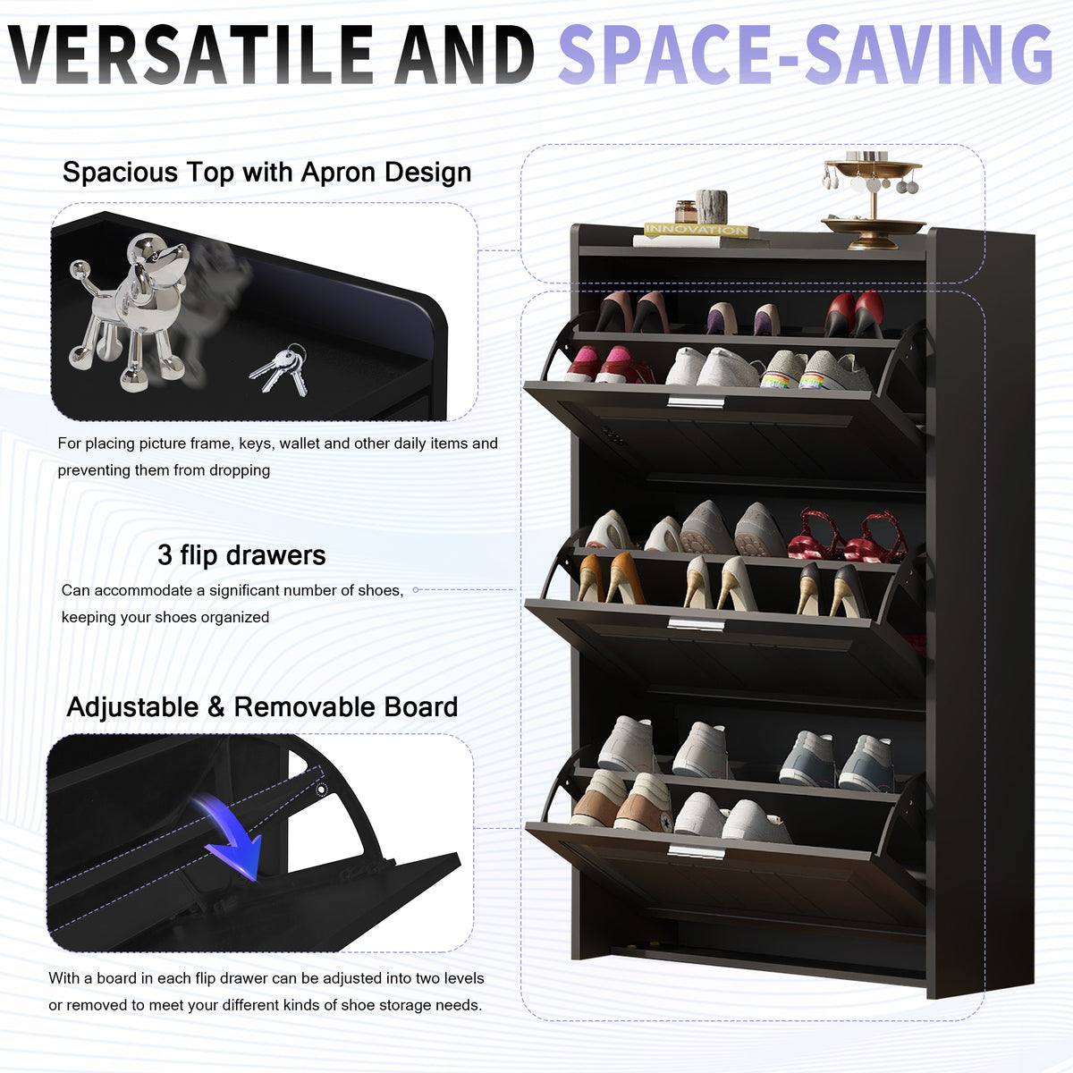 U-Can Black Shoe Storage Cabinet with 3 Flip Drawers