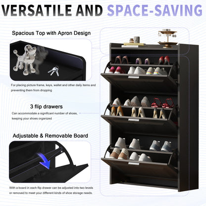 U-Can Black Shoe Storage Cabinet with 3 Flip Drawers
