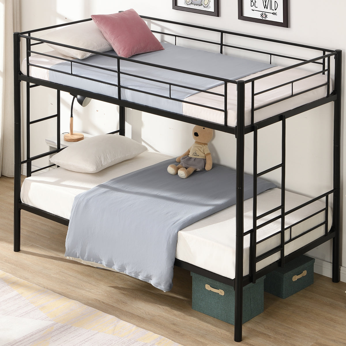 Full Metal Bunk Bed with Guardrails Black