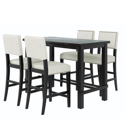 Espresso 5-Piece Counter Height Dining Set – Solid Wood Table with Upholstered Chairs